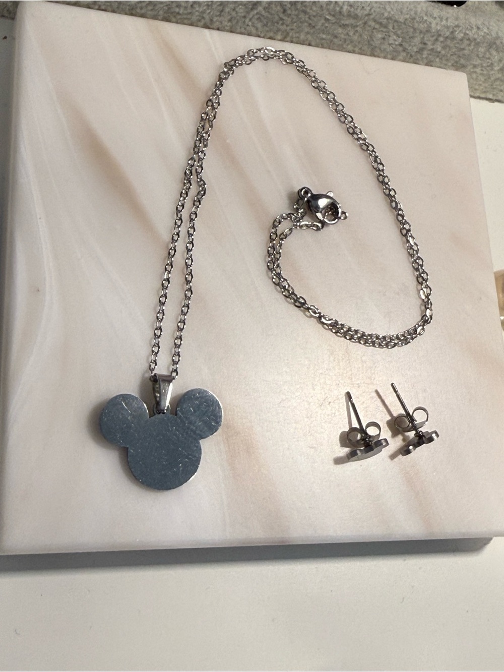 Disney Silver Chain Necklace with Mickey Pendant And Mickey Stud Earrings